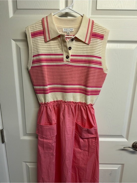 She + Sky Dresses & Skirts - She + Sky Cream and Pink Striped Knit-Paneled Girls Dress